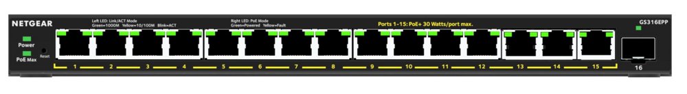 NETGEAR GS316EPP-100PES | Managed Smart Switch | 16 Poorten | Gigabit Ethernet (10/100/1000 Mbps) | PoE+ (231W) | 1x SFP | VLAN/QoS | Fanless - Matmuis